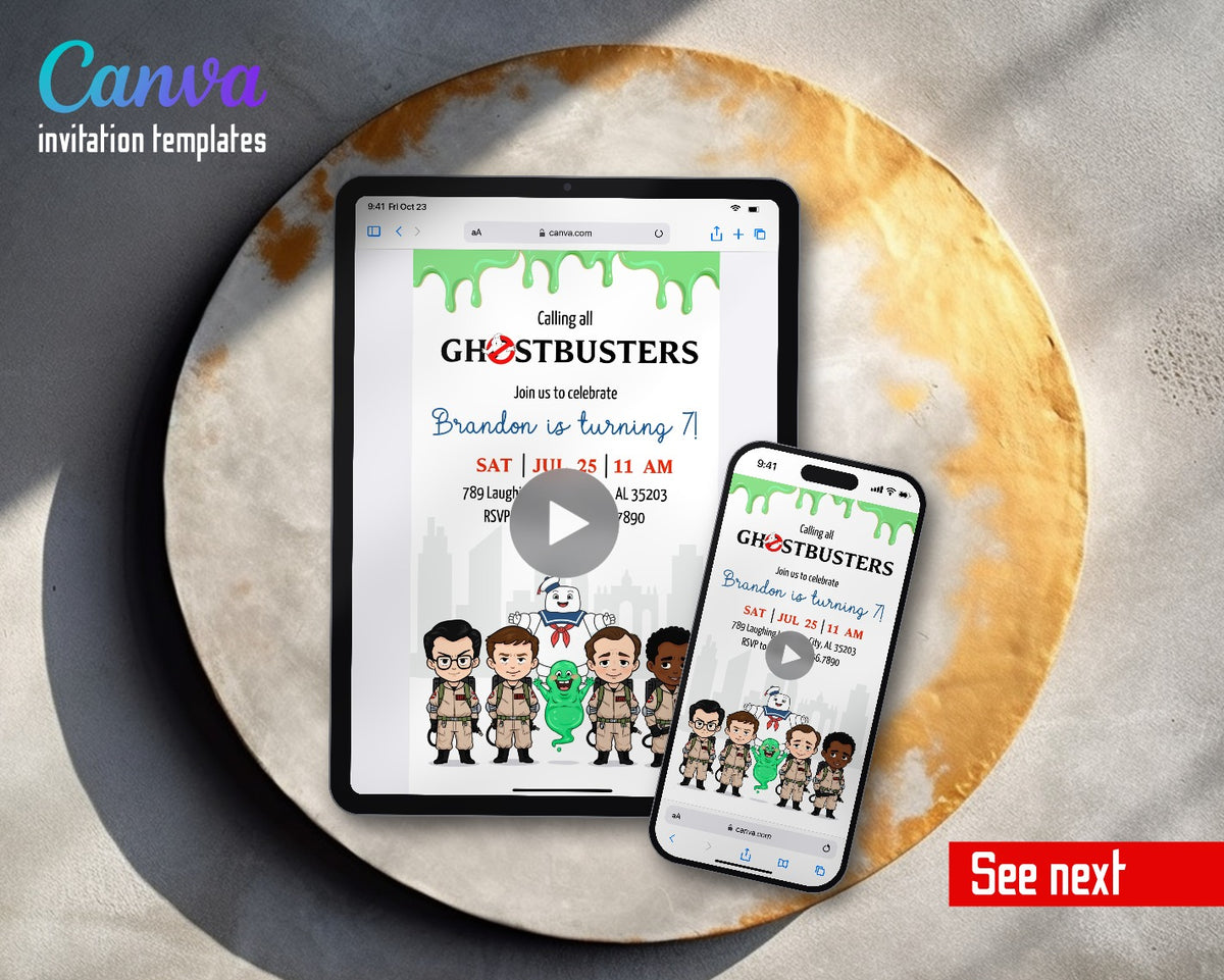 Ghostbusters Chibi Team Slime Skyline Video Birthday Invitation | Animated Evite | Editable Canva