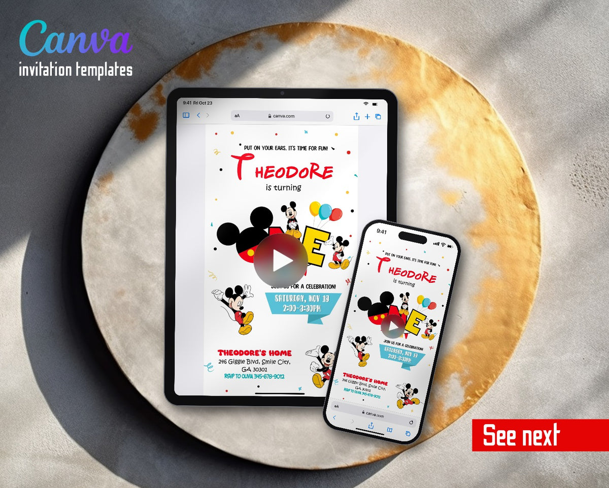 Mickey Mouse 1st Birthday Ears ONE Balloons Video Birthday Invitation | Animated Evite | Editable Canva