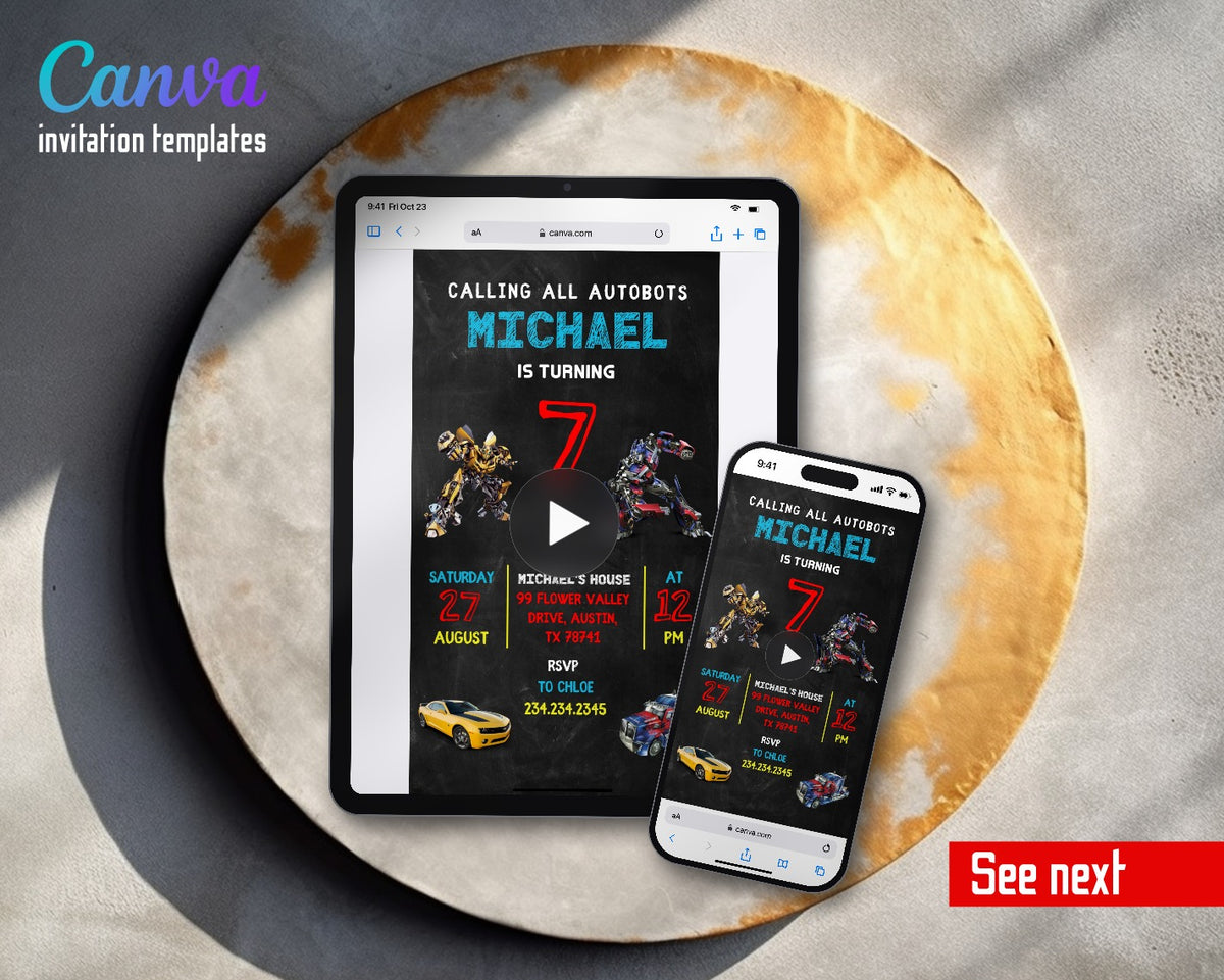 Transformers Rescue Bots Chalkboard Camaro Bumblebee Video Birthday Invitation | Animated Evite | Editable Canva