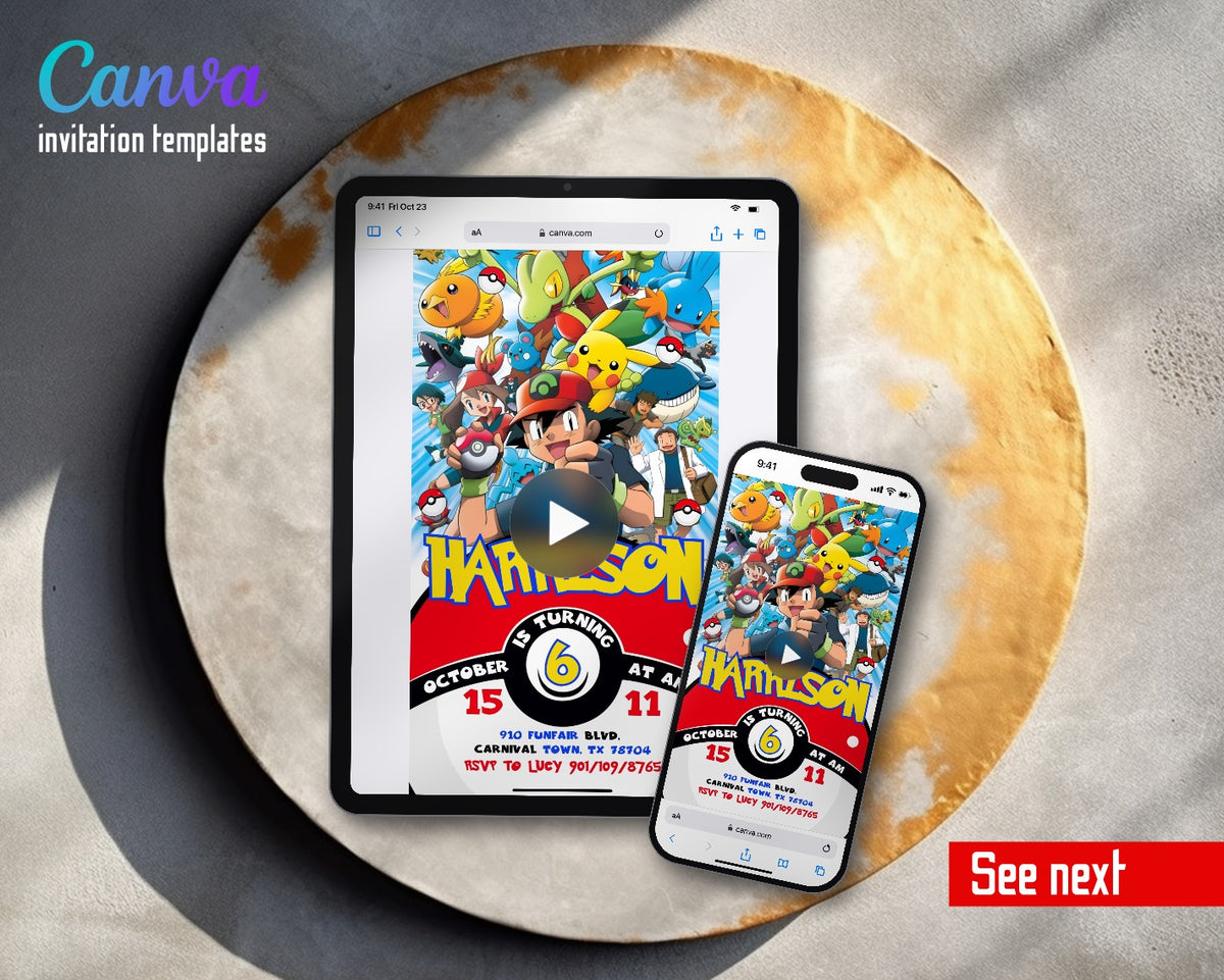Pokemon Pikachu Pokeball Ash Group Video Birthday Invitation | Animated Evite | Editable Canva