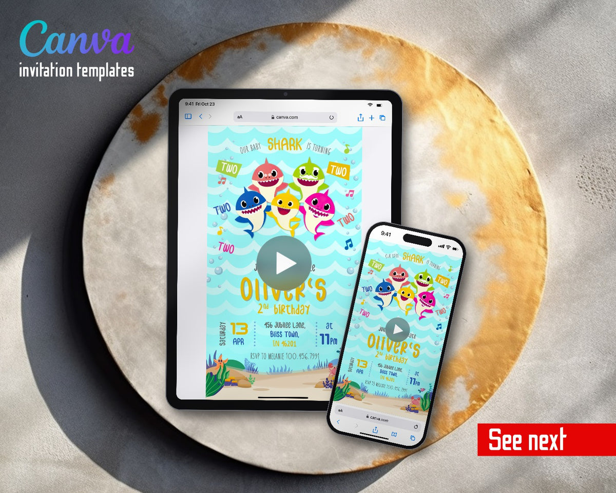 Baby Shark Cartoon Beach Sharks Video Birthday Invitation | Animated Evite | Editable Canva