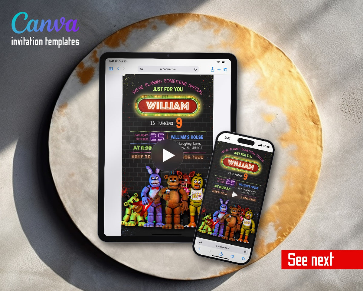 Five Nights at Freddy's Neon Sign Brick Wall Video Birthday Invitation | Animated Evite | Editable Canva