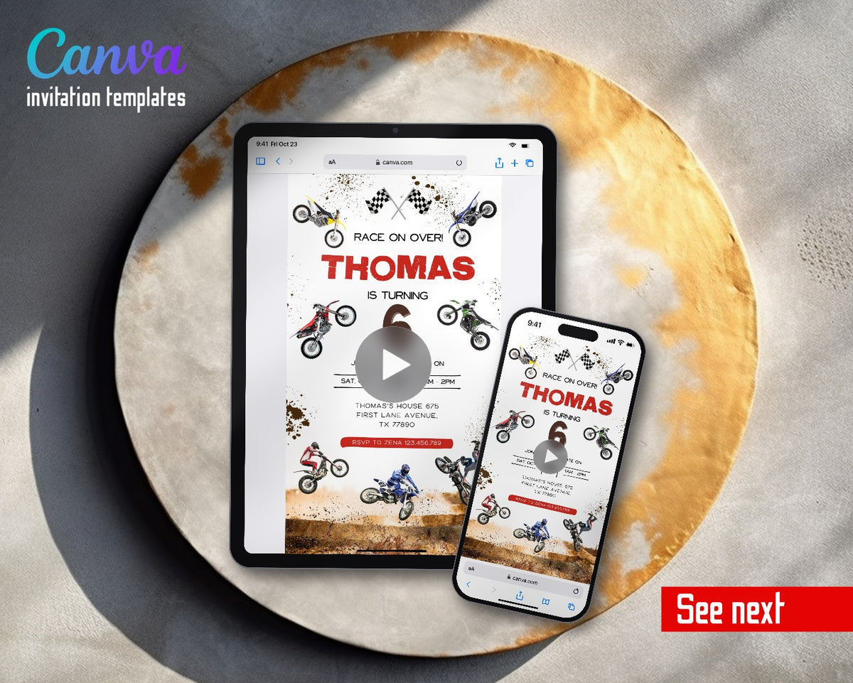 Motocross Extreme Dirt Bike Stunt Riders Video Birthday Invitation | Animated Evite | Editable Canva