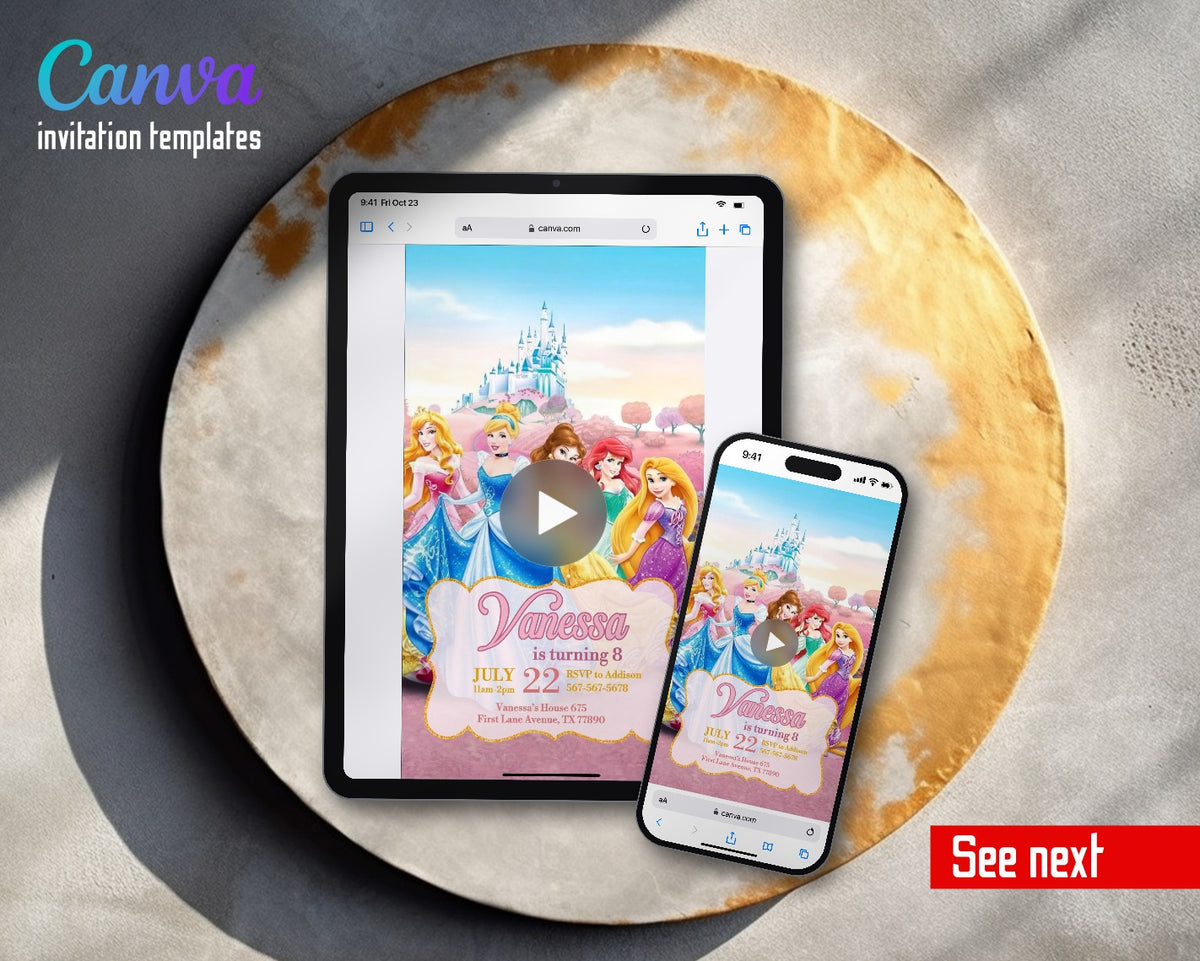 Disney Princess Pink Meadow Castle Princesses Video Birthday Invitation | Animated Evite | Editable Canva