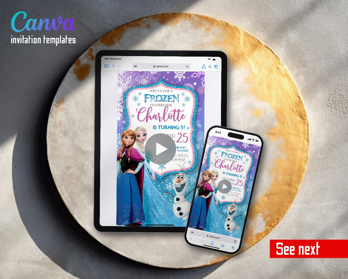 Frozen Elsa Glitter Frame Trio Video Birthday Invitation | Animated Evite | Editable Canva