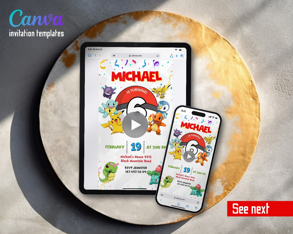 Pokemon Pikachu Pokeball Confetti Ghosts Video Birthday Invitation | Animated Evite | Editable Canva