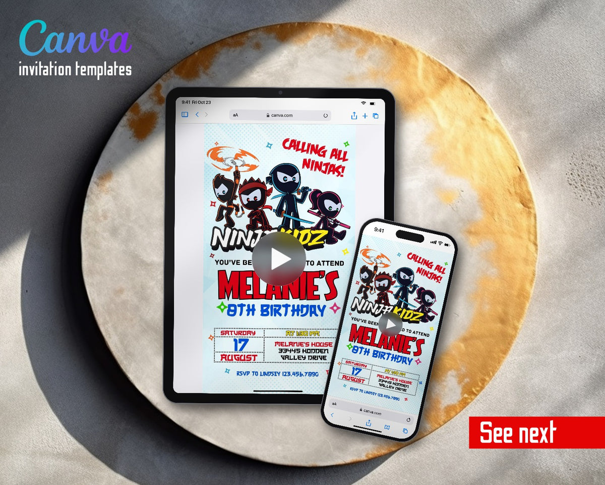 Ninja Kids Kidz Team Video Birthday Invitation | Animated Evite | Editable Canva