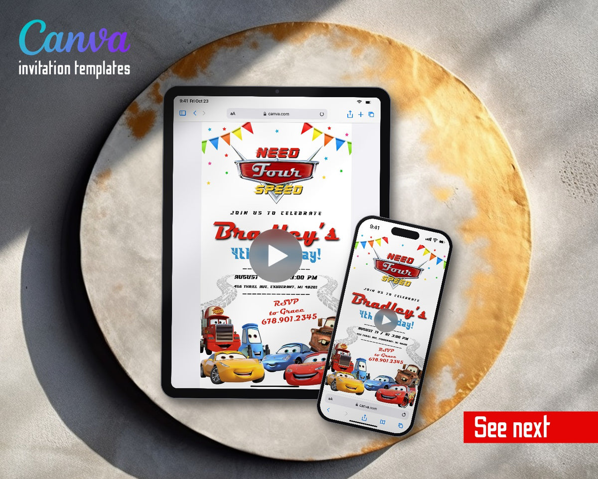 Cars Lightning Mcqueen Four Rainbow Bunting Pitstop Video Birthday Invitation | Animated Evite | Editable Canva