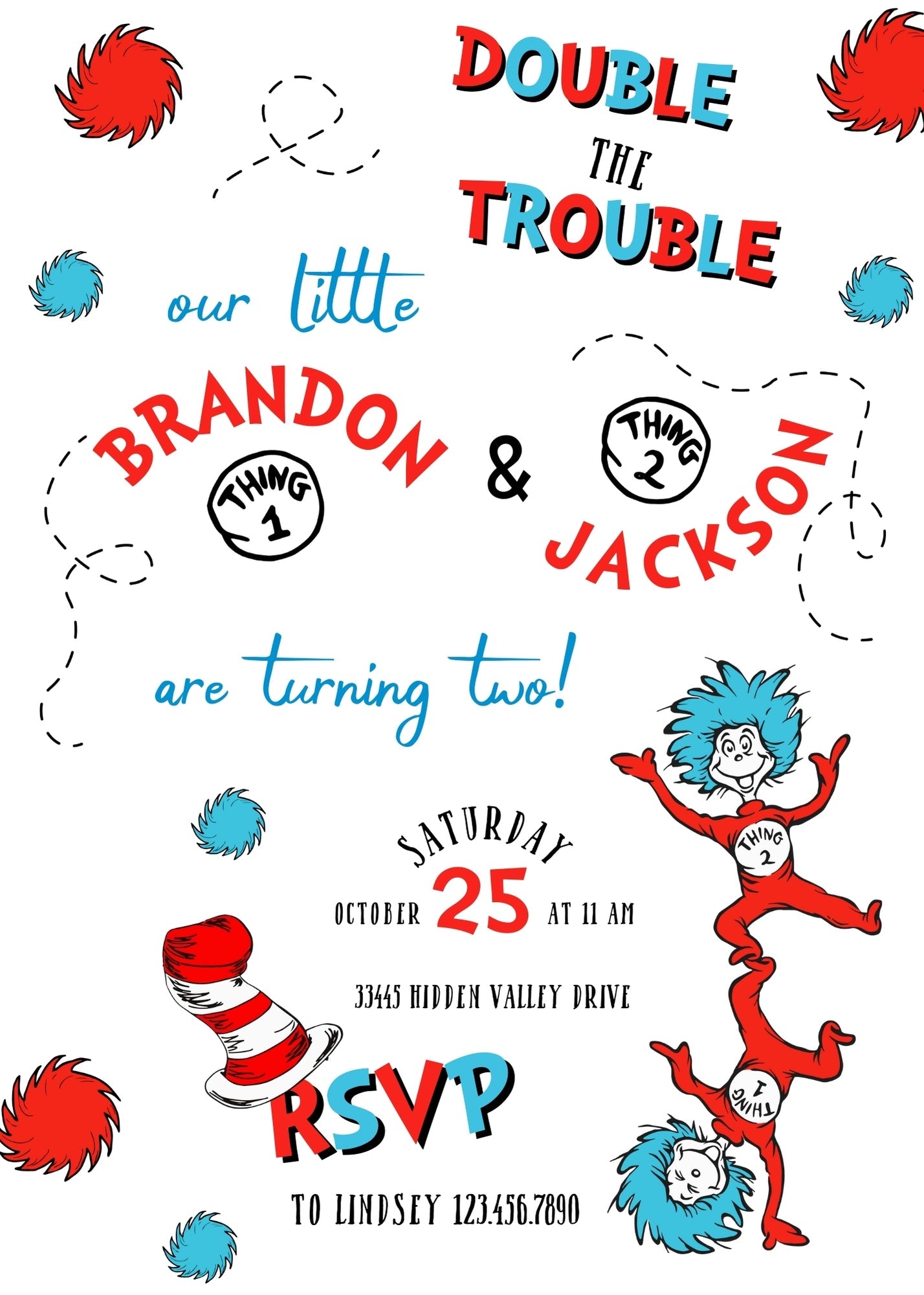 Dr Seuss The Cat in the Hat Twins customizable invitation template | Share or Print | | KK623