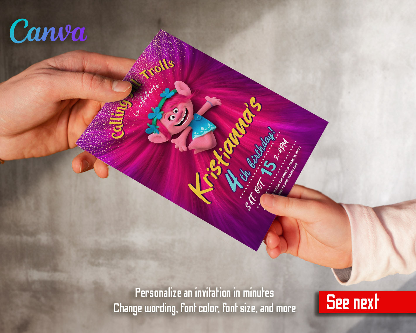 Trolls Poppy customizable invitation template | Share or Print | | WD205
