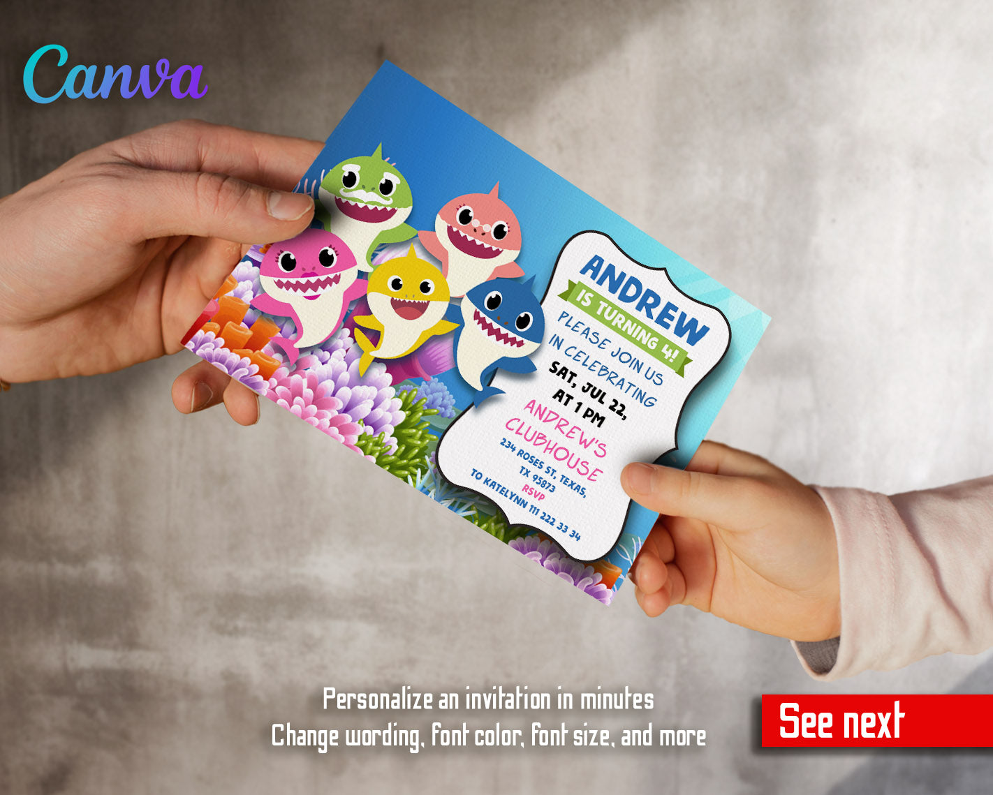 Baby Shark  customizable invitation template | Share or Print |  | EZ208