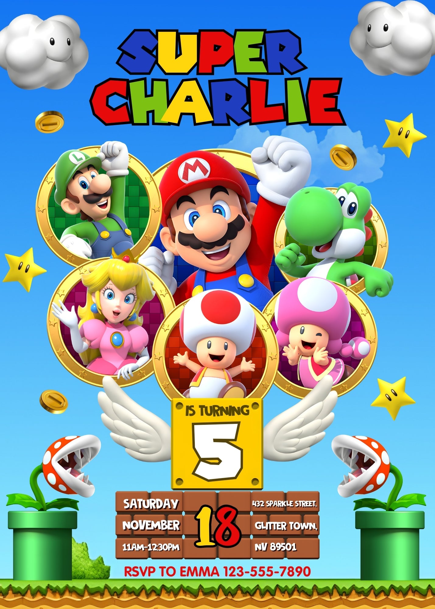 Super Mario Bros customizable invitation template | Share or Print | | VJ793