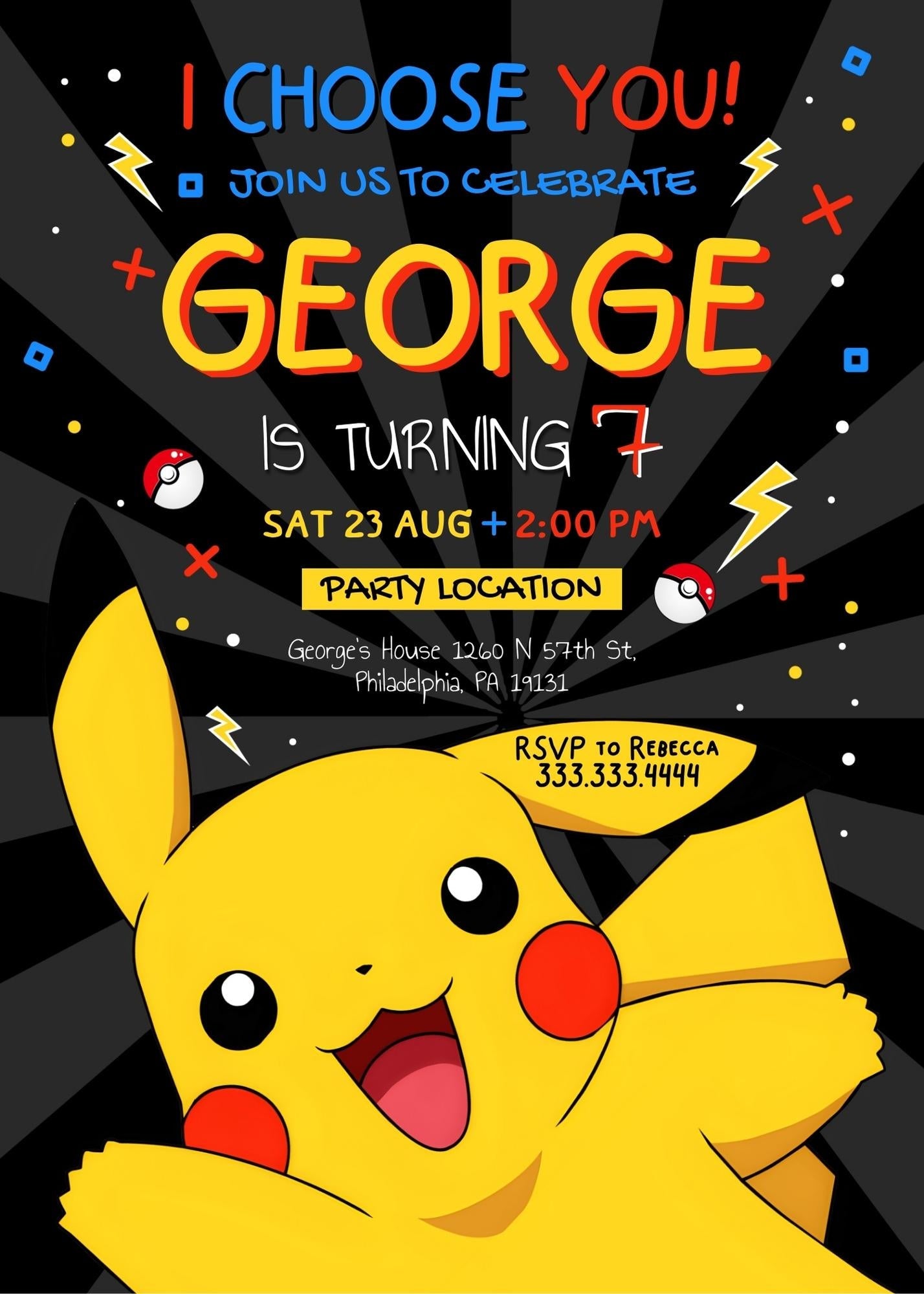 Pokemon Pikachu customizable invitation template | Share or Print | | PI640