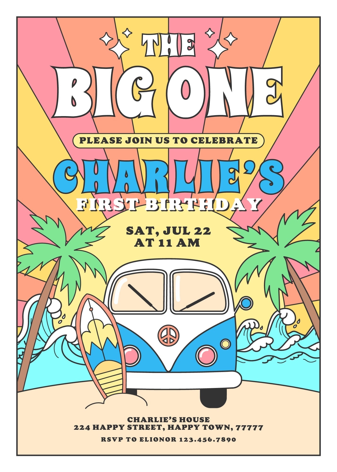 Groovy 1st Surfvan Surfing customizable invitation template | Share or Print | | WJ203