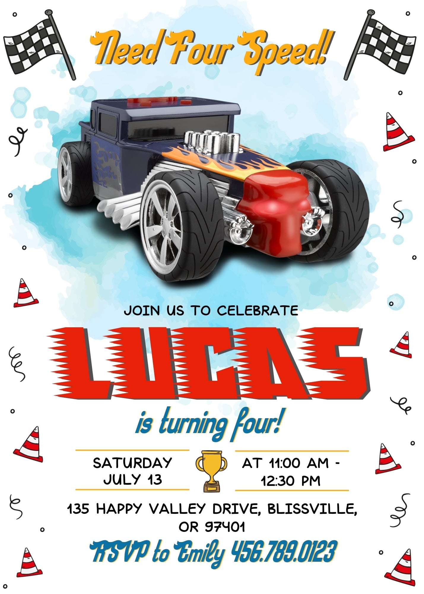 Hot Wheels Need Four Speed customizable invitation template | Share or Print | boy | IG073