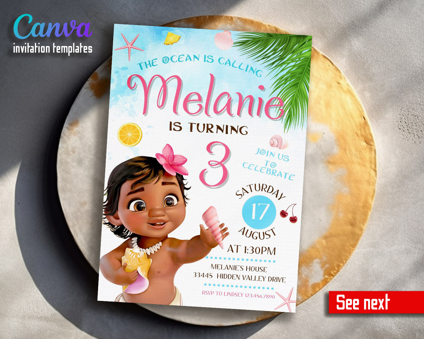 Moana Princess customizable invitation template | Share or Print | girl | XB103