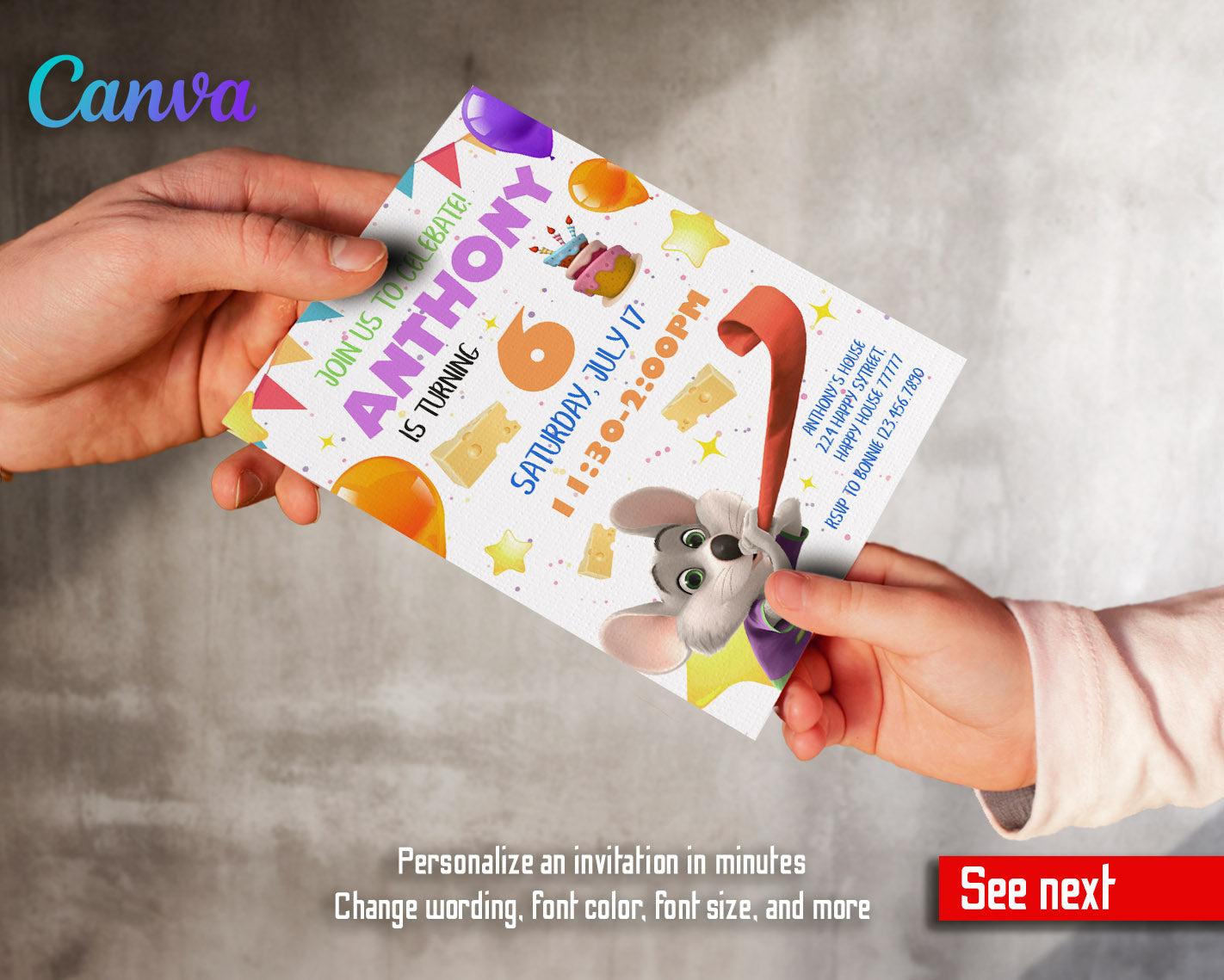 Chuck E. Cheese customizable invitation template | Share or Print | | GU421