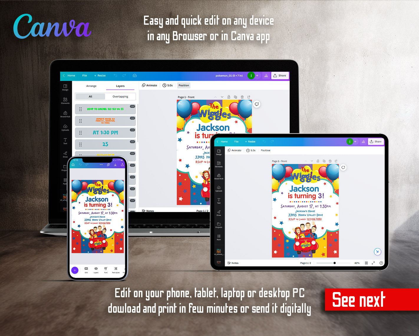 Wiggles One Finger One Thumb customizable invitation template | Share or Print | | BA069