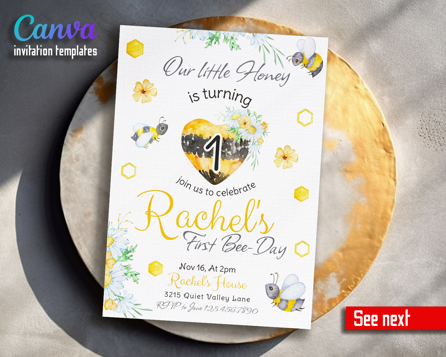 1st Bee Day Party customizable invitation template | Share or Print | | DO020