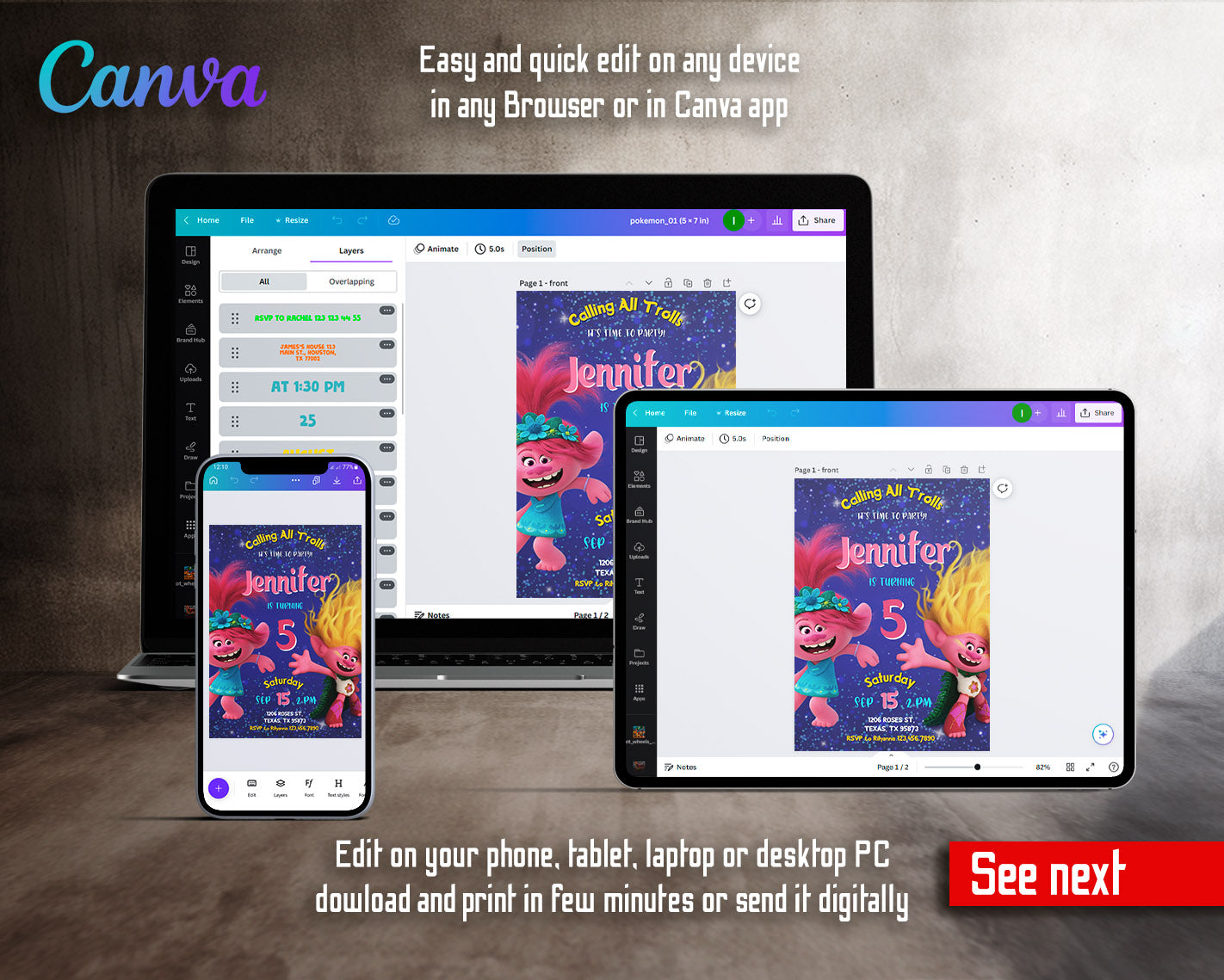 Trolls Poppy customizable invitation template | Share or Print | | RB935