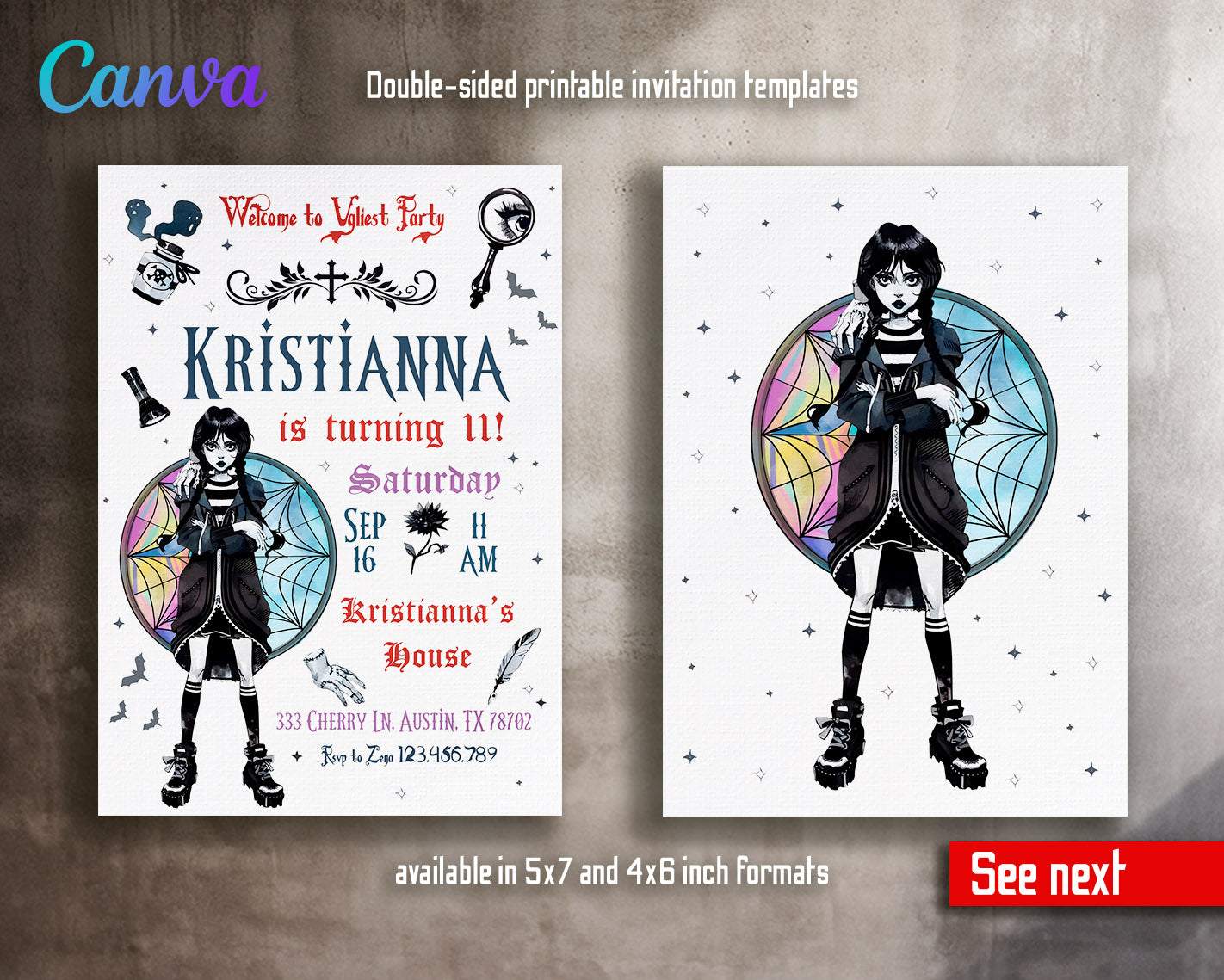 Wednesday Addams customizable invitation template | Share or Print | girl | KF062
