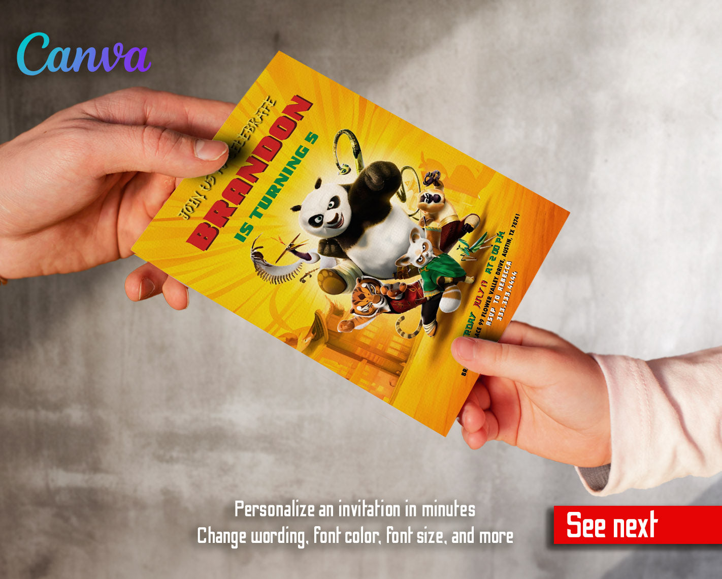 Kung Fu Panda Po customizable invitation template | Share or Print | | XJ253