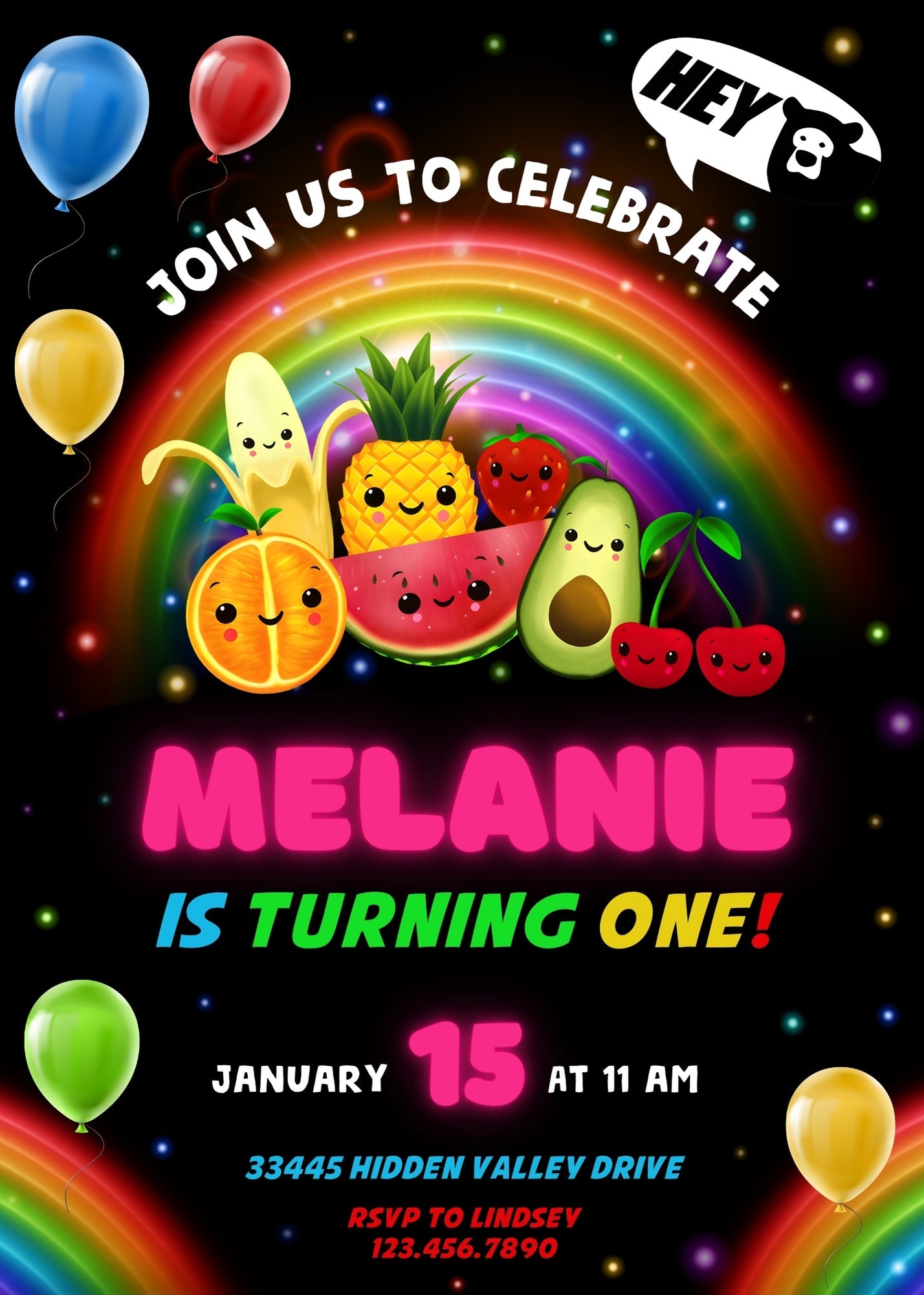 Hey Bear Sensory Dancing Fruits customizable invitation template | Share or Print | | EM115