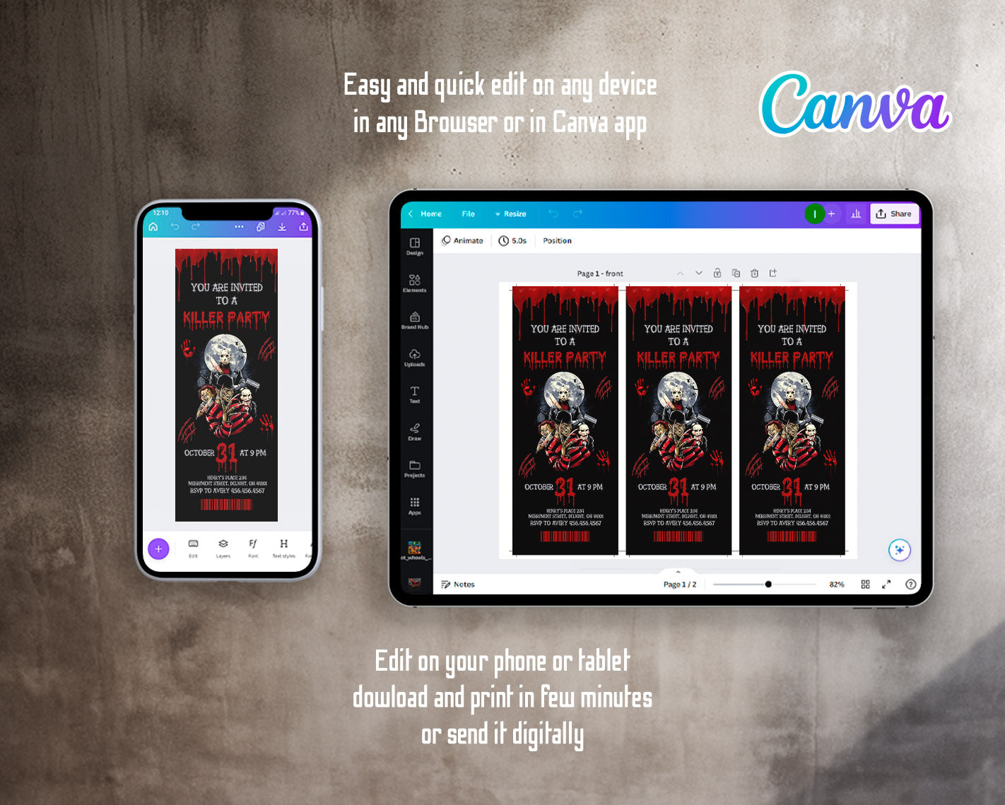 Horror Killer Movie Party Ticket customizable invitation template | Share or Print | | HY350