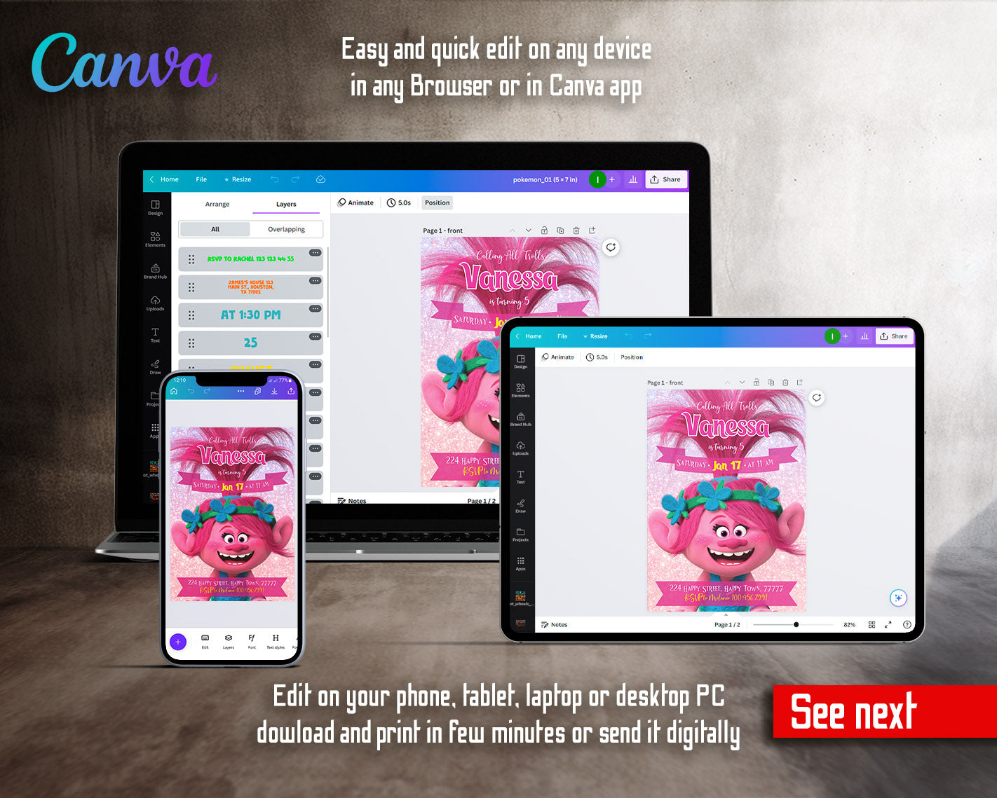 Trolls Poppy customizable invitation template | Share or Print | | NP687