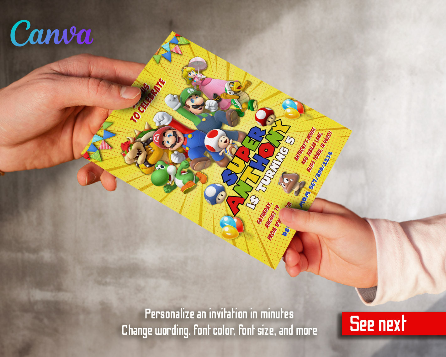 Super Mario Bros customizable invitation template | Share or Print | | LQ555