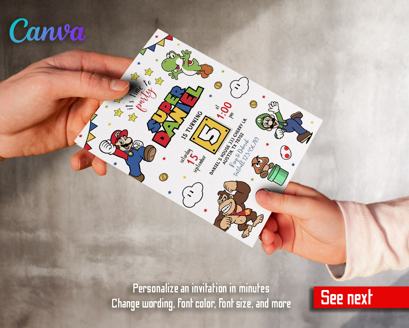 Super Mario Bros customizable invitation template | Share or Print | | OY487