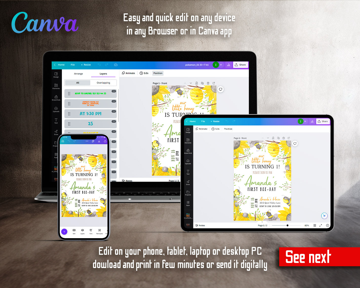 1st Bee Day Party customizable invitation template | Share or Print | | XZ273