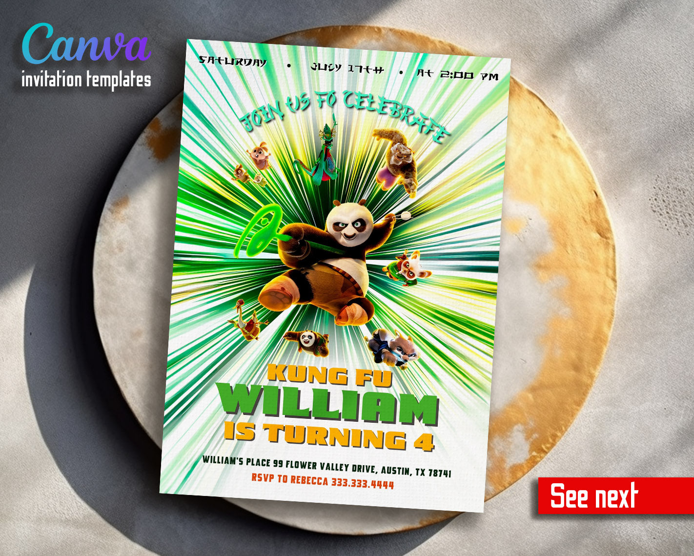 Kung Fu Panda Po customizable invitation template | Share or Print | | YO416