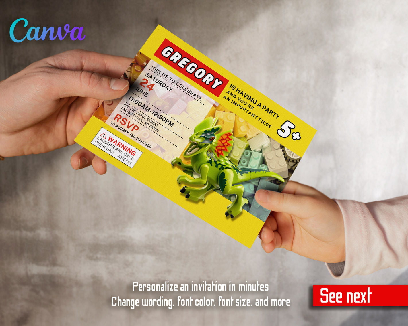 Lego Dinosaur T-Rex customizable invitation template | Share or Print | | EJ782