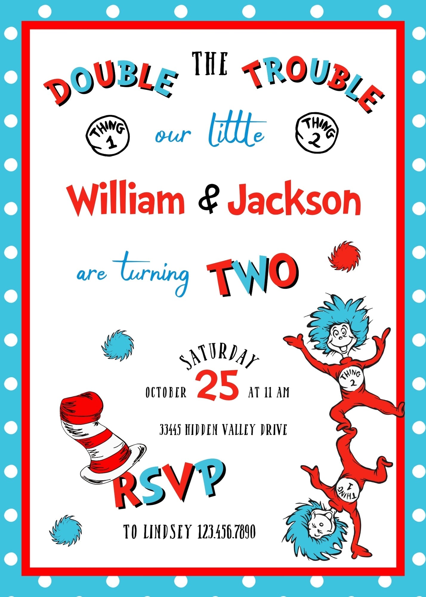 Dr Seuss The Cat in the Hat Twins customizable invitation template | Share or Print | | IU726