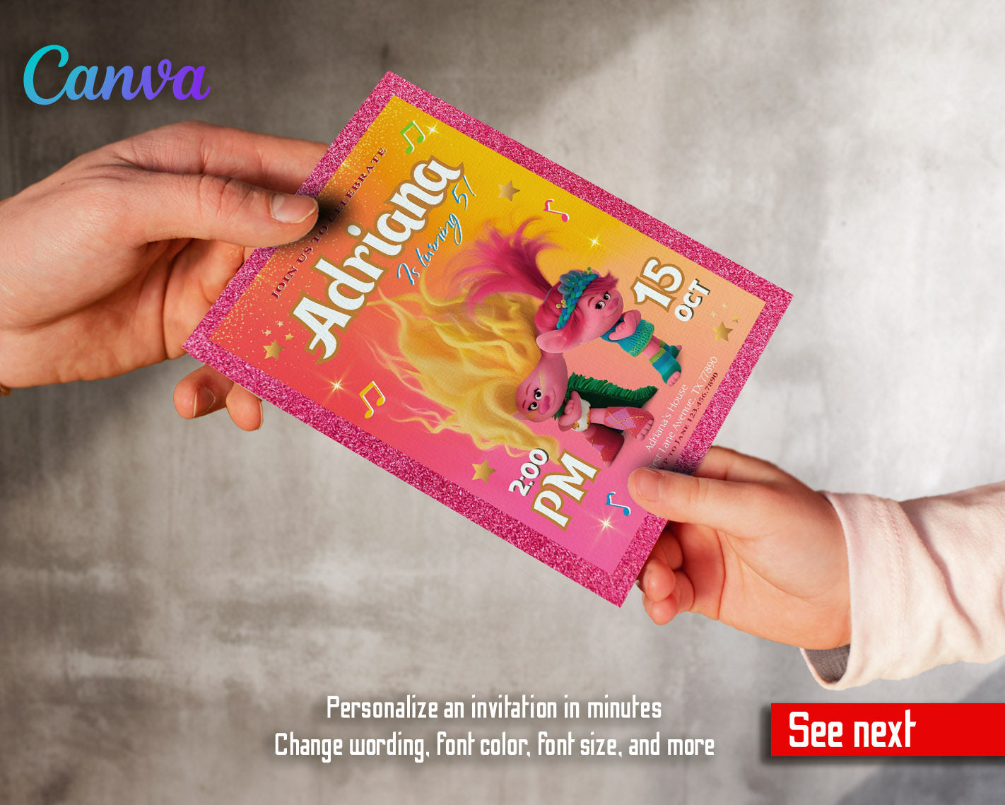 Trolls Poppy customizable invitation template | Share or Print | | XH779
