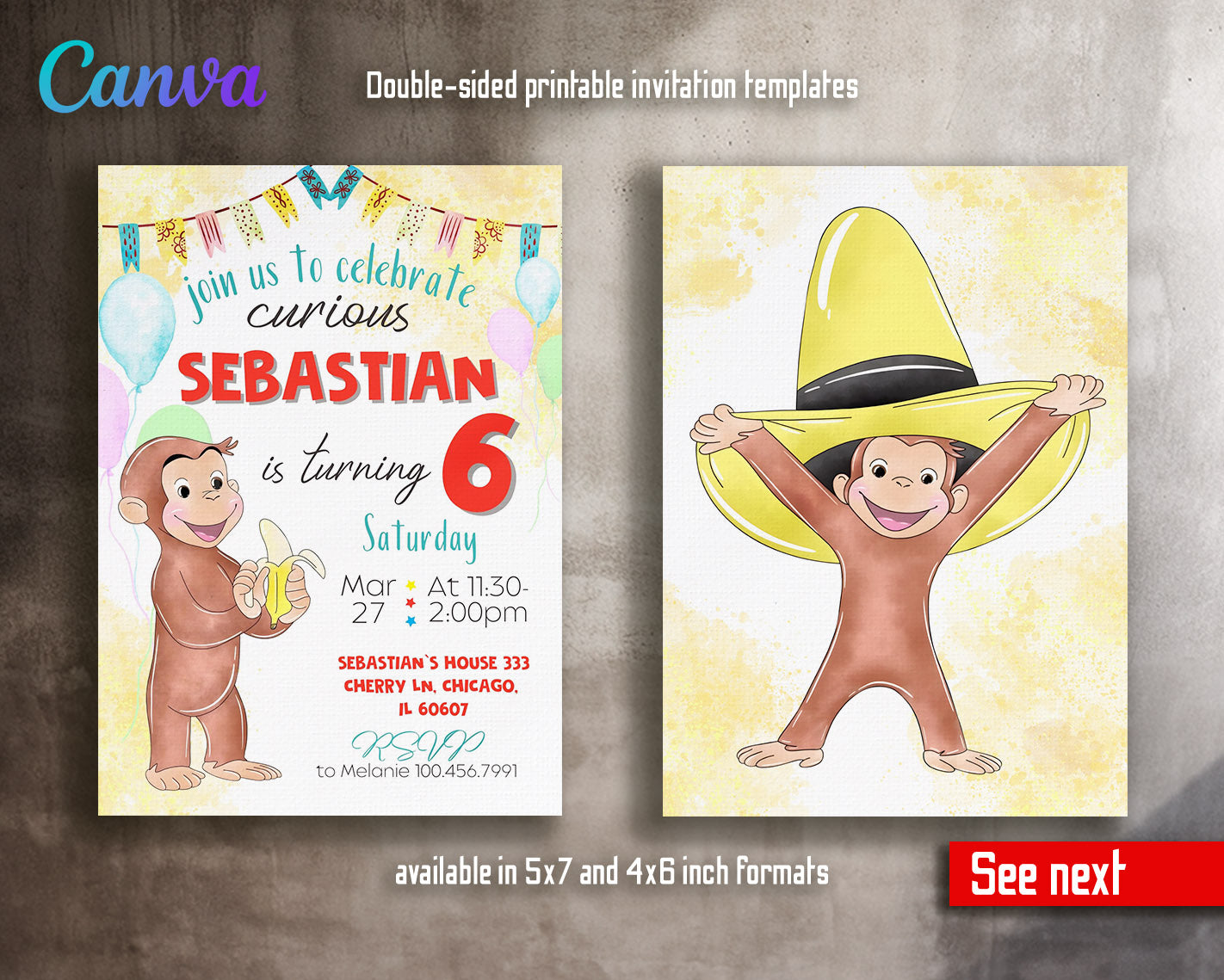 Curious George Monkey customizable invitation template | Share or Print | | CC988