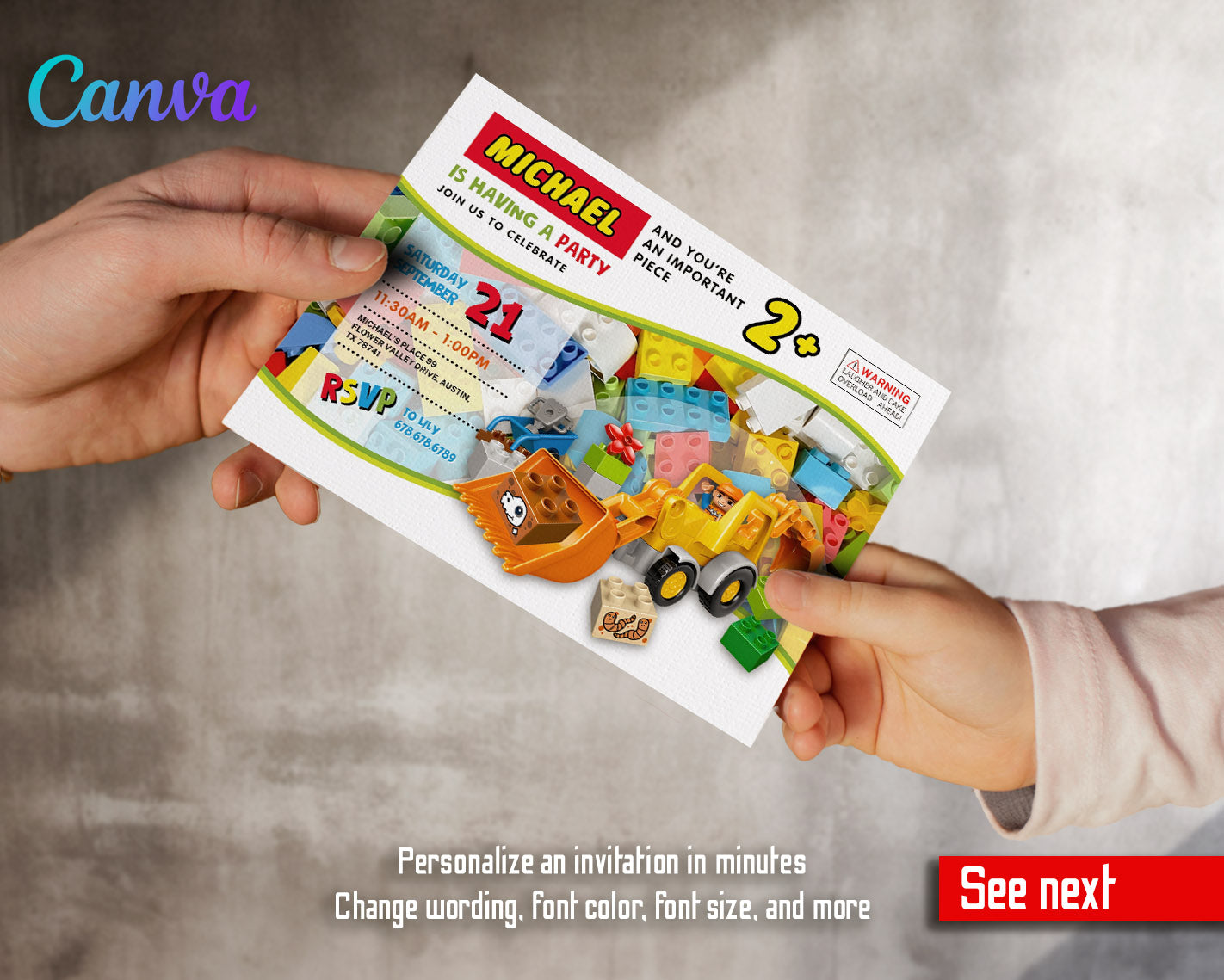 Lego Duplo Excavator customizable invitation template | Share or Print | | VK624