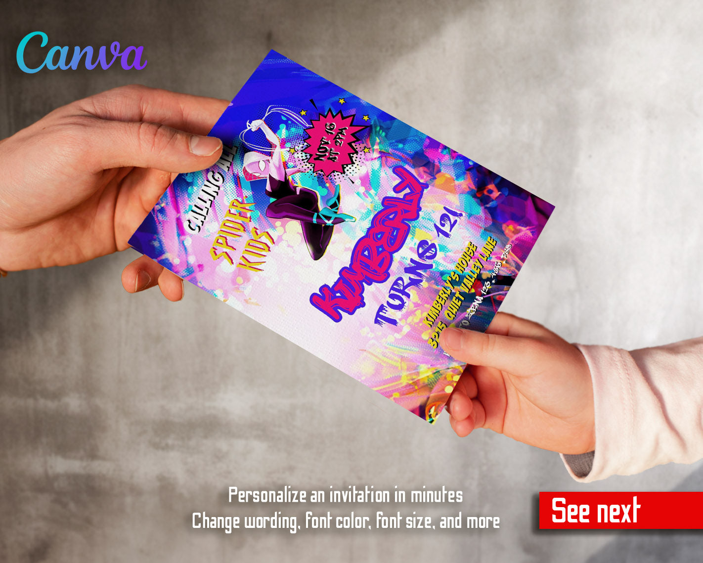 Spider Gwen Ghost Spidey customizable invitation template | Share or Print | girl | YT100