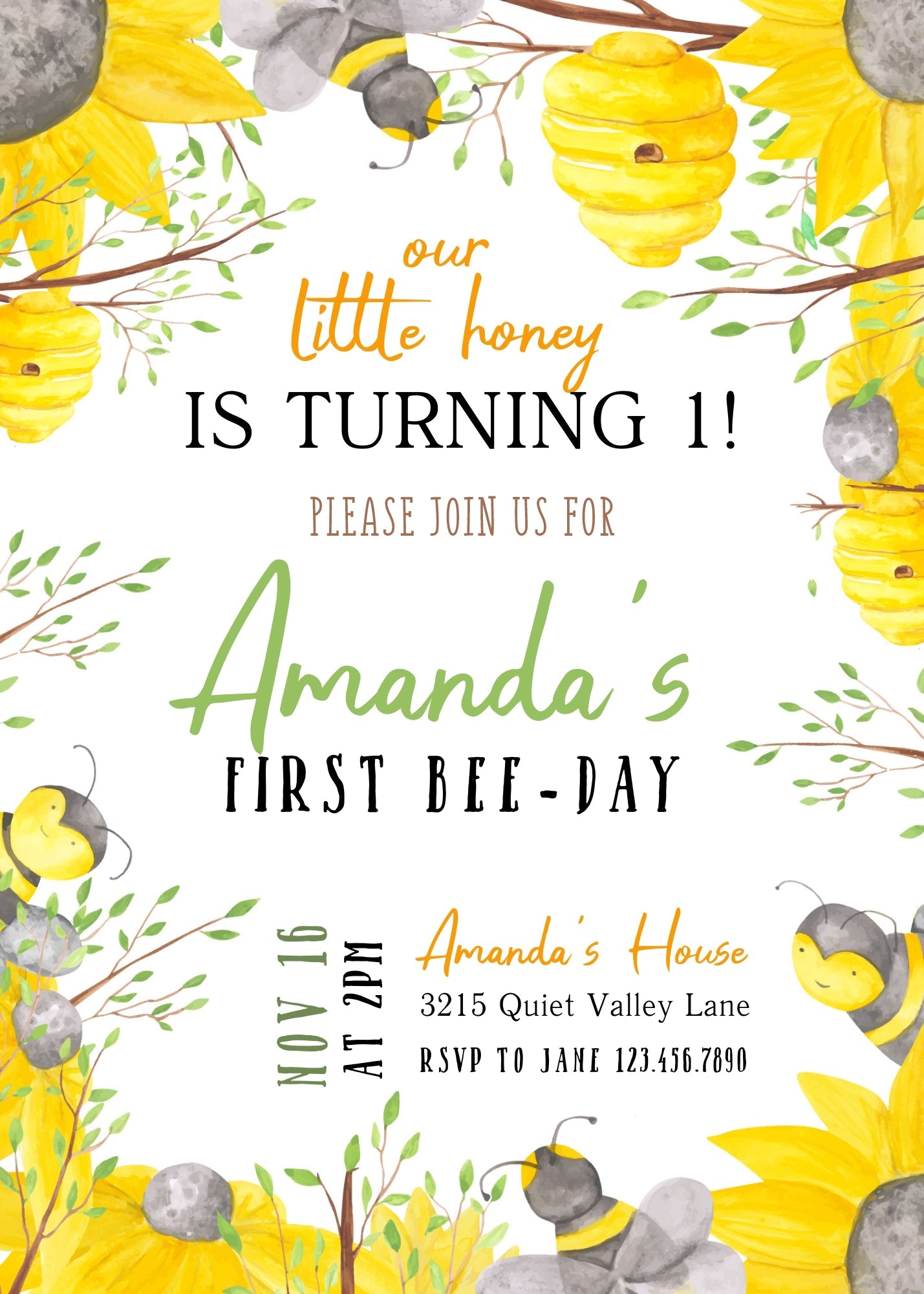 1st Bee Day Party customizable invitation template | Share or Print | | XZ273