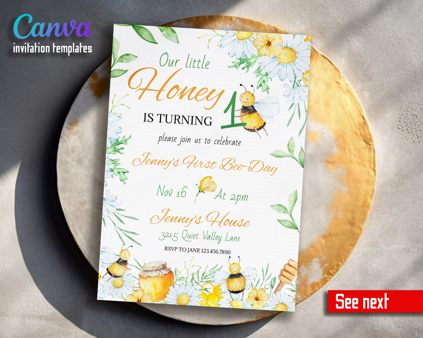1st Bee Day Party customizable invitation template | Share or Print | | FO397