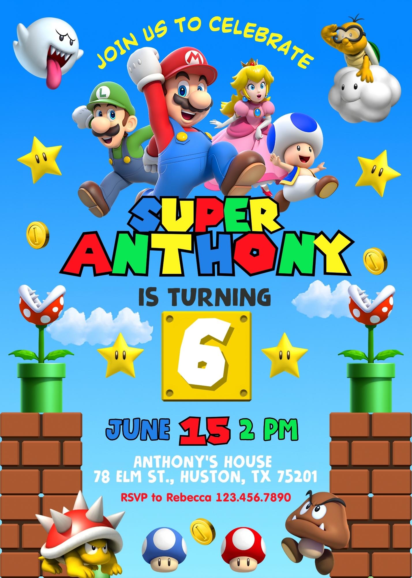 Super Mario Bros customizable invitation template | Share or Print | | FU845
