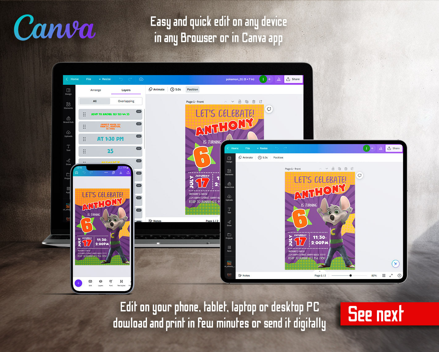 Chuck E. Cheese customizable invitation template | Share or Print | | EU285