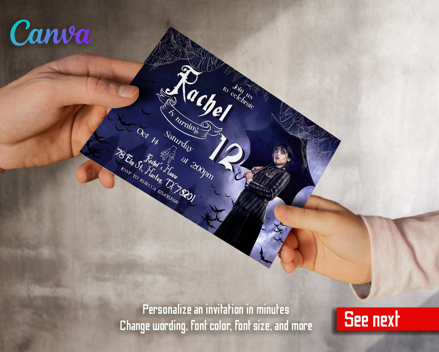 Wednesday Addams customizable invitation template | Share or Print | girl | QR382