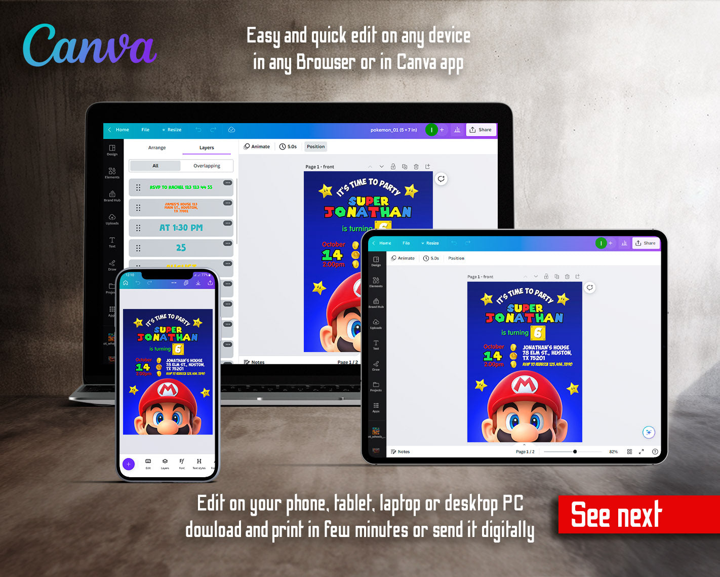 Super Mario Bros customizable invitation template | Share or Print | | SN310