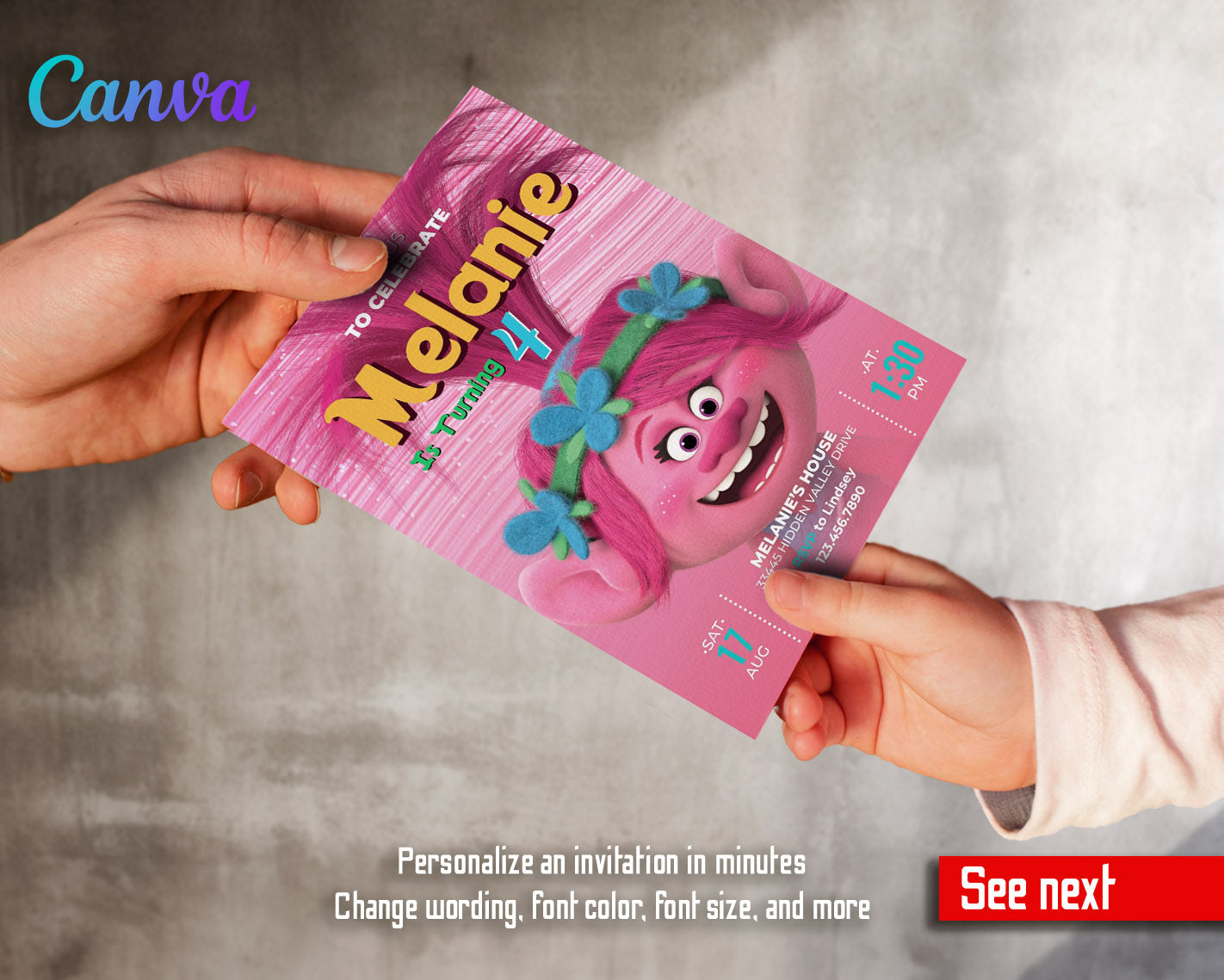 Trolls Poppy customizable invitation template | Share or Print | | SV029