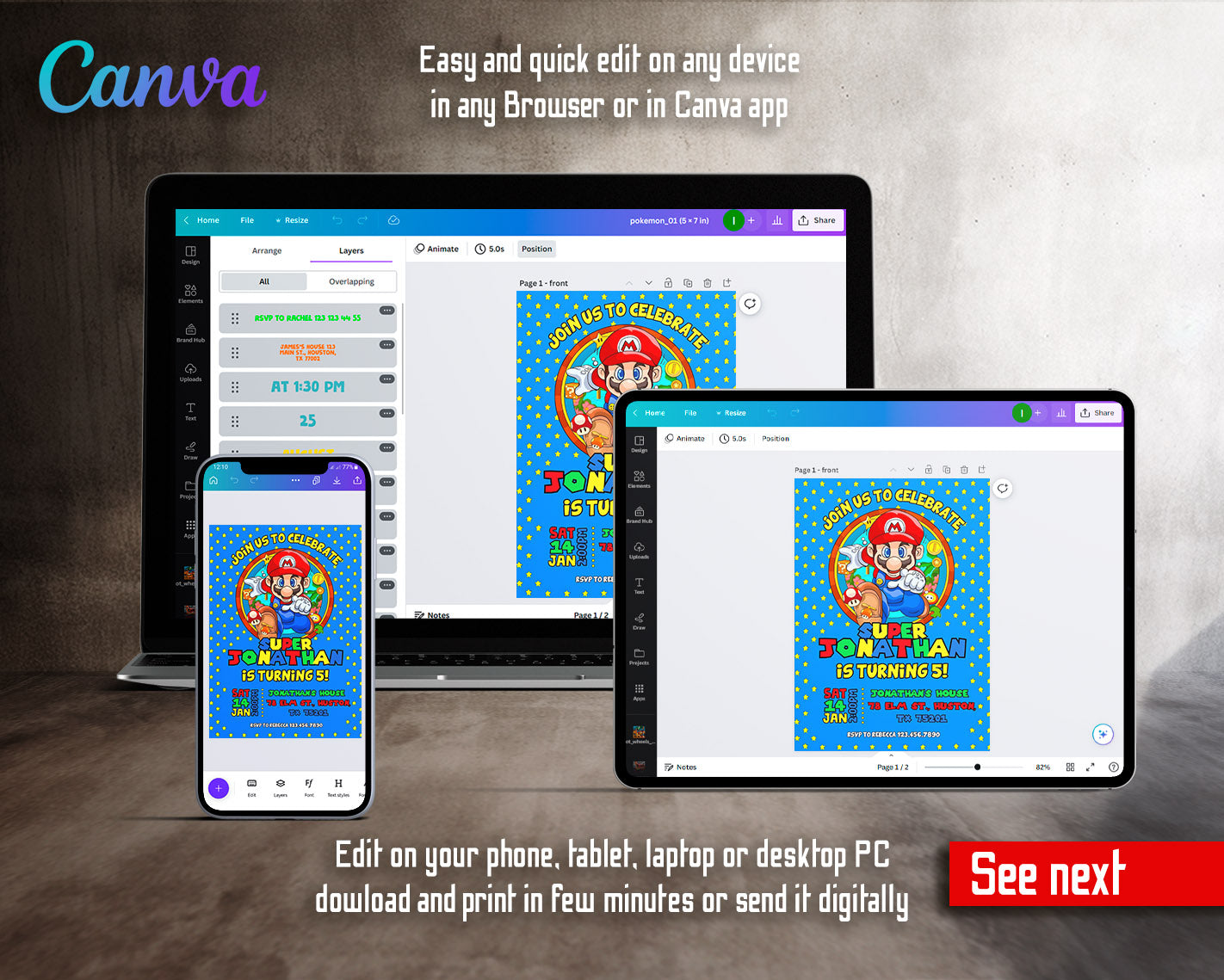 Super Mario Bros customizable invitation template | Share or Print | | HE499