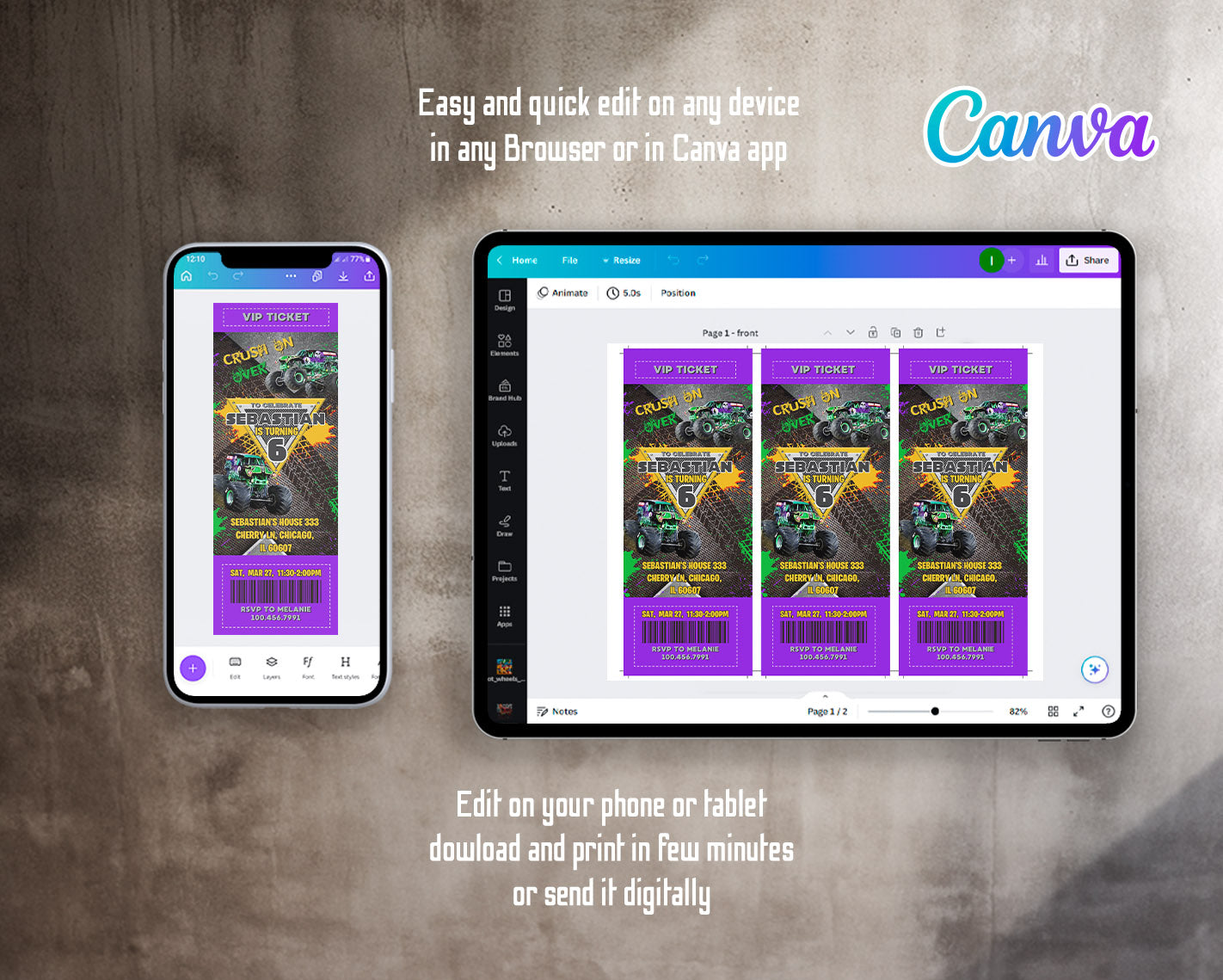 Monster Jam Monster Truck customizable invitation template | Share or Print | boy | QF172