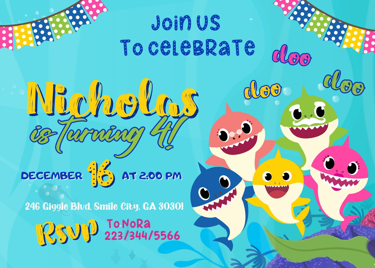 Baby Shark  customizable invitation template | Share or Print |  | UI058
