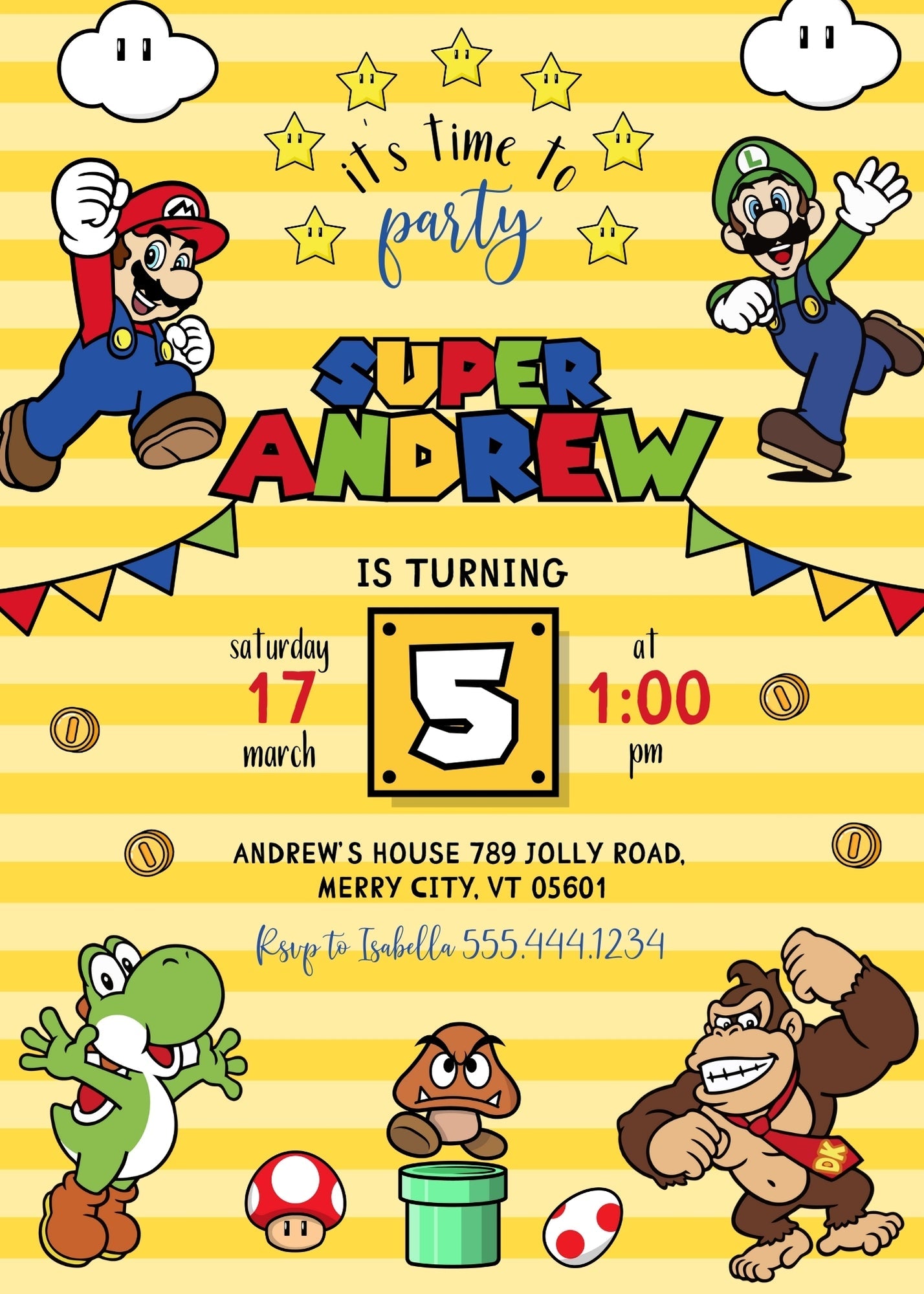 Super Mario Bros customizable invitation template | Share or Print | | NV554